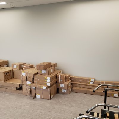 boxes of gym equipment